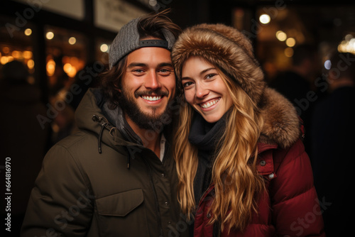 couple souriant et amoureux qui déguste un vin chaud au traditionnel marché de Noël © Sébastien Jouve