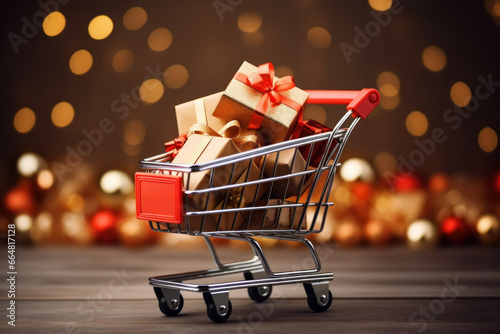 caddie de supermarché rempli de cadeaux de Noël