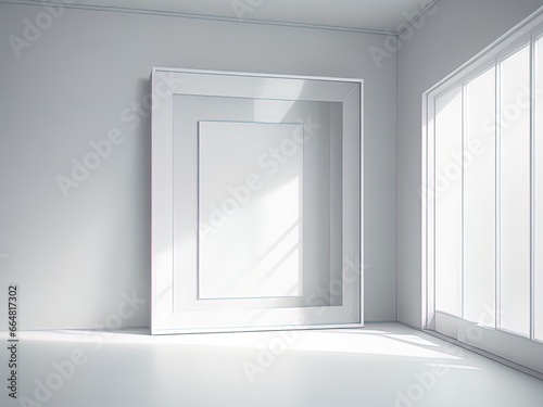 Empty white room with empty frame  window and white wall. 3D rendering.