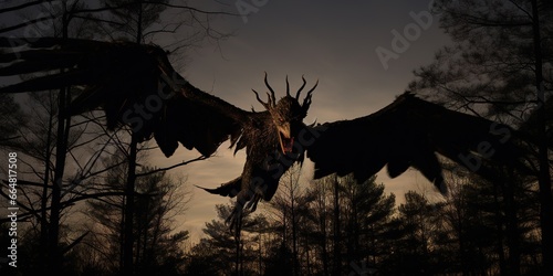 A dense fog engulfs the Pine Barrens  with the Jersey Devil s piercing eyes glaring ominously from the thickets  its menacing shadow barely visible