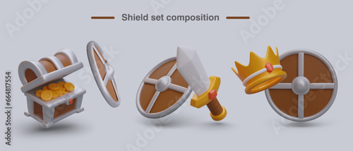 Shield set composition. Realistic chest with gold coins, sword for fighting, gold crown with diamond. Vector illustration in 3d style with place for text