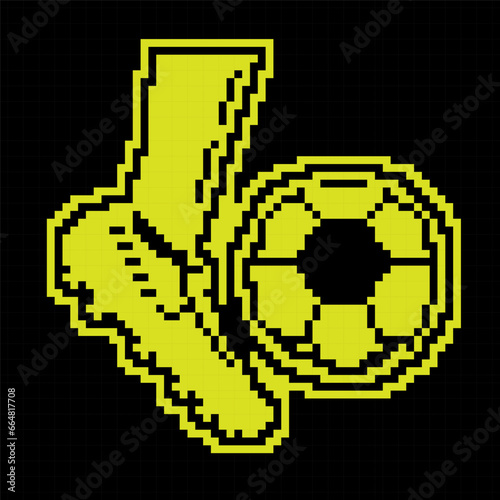 Pixel silhouette icon. Foot in spiked sports boot hits soccer ball. Passing, hitting ball by player in command play on field or in training. Simple black and yellow vector isolated