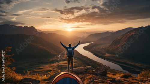 Men raise their arms up on mountains, Travel Lifestyle concept, Adventure hiking.