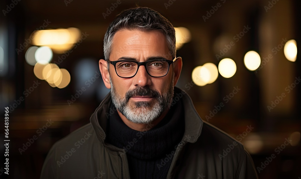 Photo of a stylish man with glasses and a scarf on a bustling city street