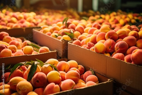 Batches of fresh peaches in a warehouse. Generative AI