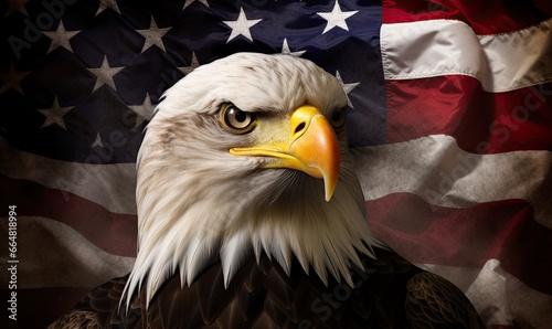Photo of a majestic bald eagle with the American flag as a backdrop