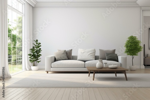 Spacious white living room with a gray sofa, wooden table, carpet, small tree, and wall for customization. Generative AI © Aidenyas