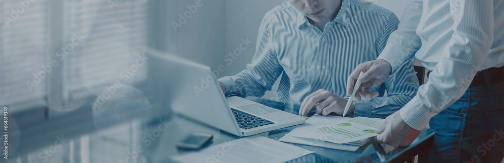 business people working in office, banner background, hands closeup, team of businessman - obrazy, fototapety, plakaty 