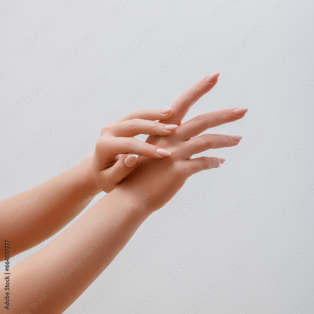Beautiful Woman Hands. Female Hands Applying Cream, Lotion. Spa and Manicure concept. Female hands with french manicure. Soft skin, skincare concept. Hand Skin Care.