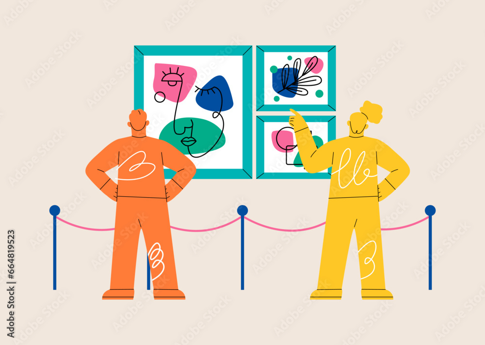 Man and woman looking at abstract paintings. Exhibition and museum, cultural recreation. Colorful vector illustration