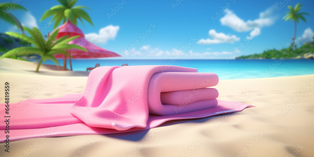 A pink towel on a sandy sea beach. A pink fabric roll lies on the sand near the ocean shore. A beautiful bedspread on the beach. Travel card bg cover traveling. Pink beach towel