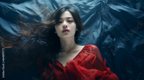 Beautiful Asian woman in red dress is against blue cloth at background
