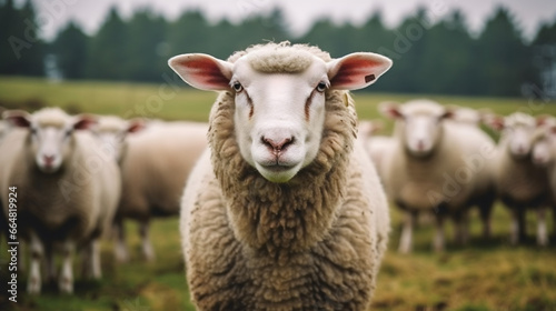 Mouton dans son enclos à la ferme, focus sur un animal avec d'autres moutons dans le fond. photo