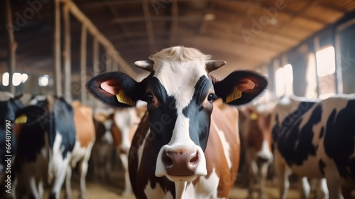 Vache dans son enclos à la ferme, focus sur un animal avec d'autres vaches dans le fond.
