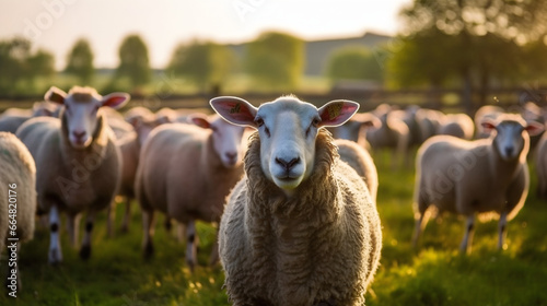 Mouton dans son enclos à la ferme, focus sur un animal avec d'autres moutons dans le fond. photo