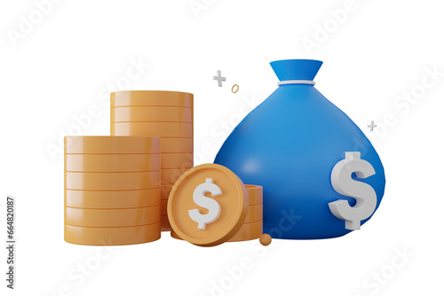 3d icon of a money bag and a pile of gold coins in minimalist cartoon style. business, financial investment or savings concept.