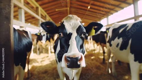 Vache dans son enclos à la ferme, focus sur un animal avec d'autres vaches dans le fond.