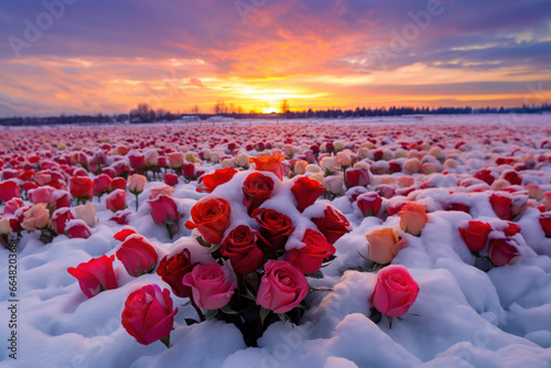 décor irréel et romantique d'un champs de rose en fleur sous une épaisse couche de neige en hiver photo
