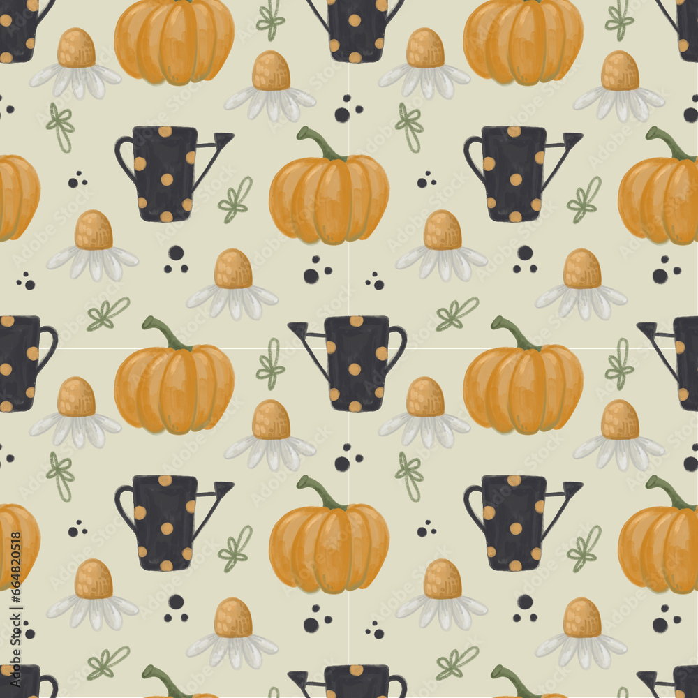 Fototapeta premium Hand-drawn seamless pattern with pumpkins, watering can chorna, chamomile.