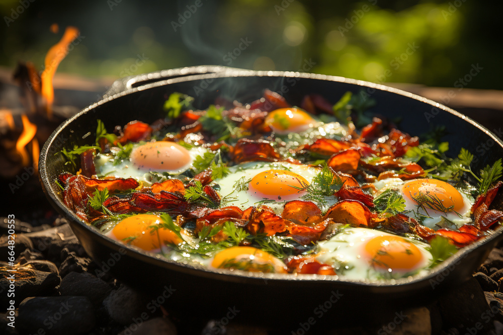 Camping breakfast with bacon and eggs in a cast iron skillet. Food at the camp. Scrambled eggs with bacon on fire.