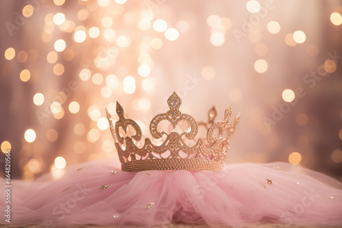 Princess birthday party: golden bedazzled princess crown on a pink tulle fabric with golden bokeh background