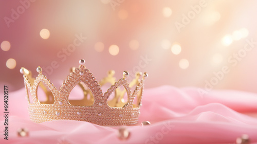 Princess birthday party: golden bedazzled princess crown on a pink tulle fabric with golden bokeh background