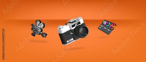 Vector 3D photo and cinematography cameras, clapper board. Bright orange background. Technology banner. Equipment for cinema films.