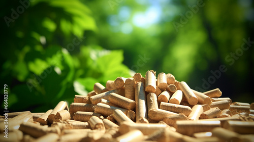 Organic wood pellets over green outdoor background. photo