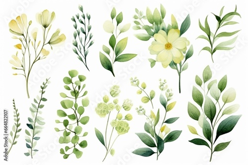 Watercolor bouquet arrangements with green leaves, fashion patterns, backgrounds, textures, DIY crafts, cards, wedding stationary, greetings, wallpapers, wrappers, invitations. Generative AI © Hezekiah