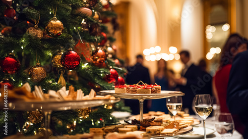 Christmas holidays and New Year celebration, dinner table and guests at a luxury English styled restaurant or hotel, Christmas tree decoration, holiday party and event invitation