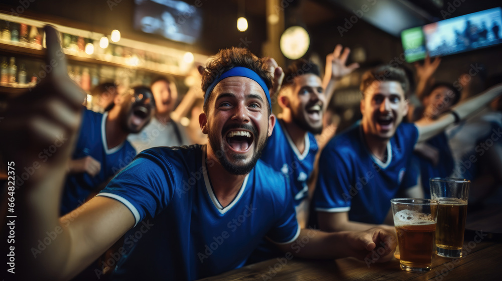 Group of friends in blue shirts with beer glasses looking happy at soccer games in a bar.