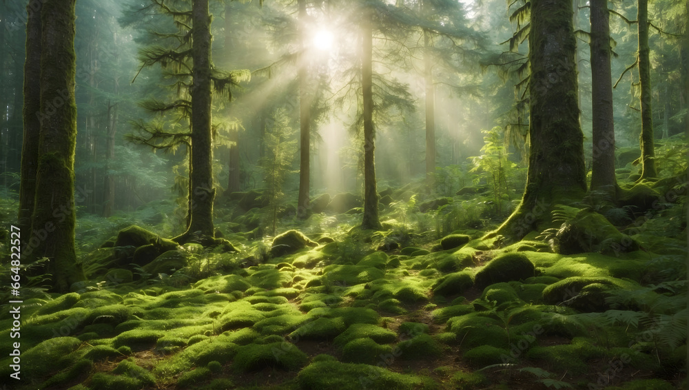 photo of a green rainforest with coniferous trees, moss on the ground, rays of the sun passing through the treetops
