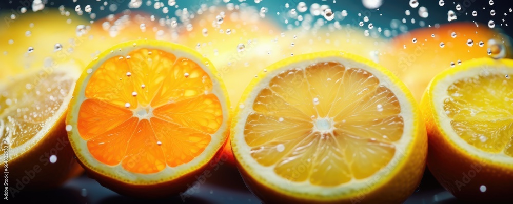 Fresh ripe flowing citrus fruit halfed and cut, healthy food concept panorama. Generative Ai. Fresh ripe flowing citrus fruit halfed and cut, healthy food concept panorama. Generative Ai.