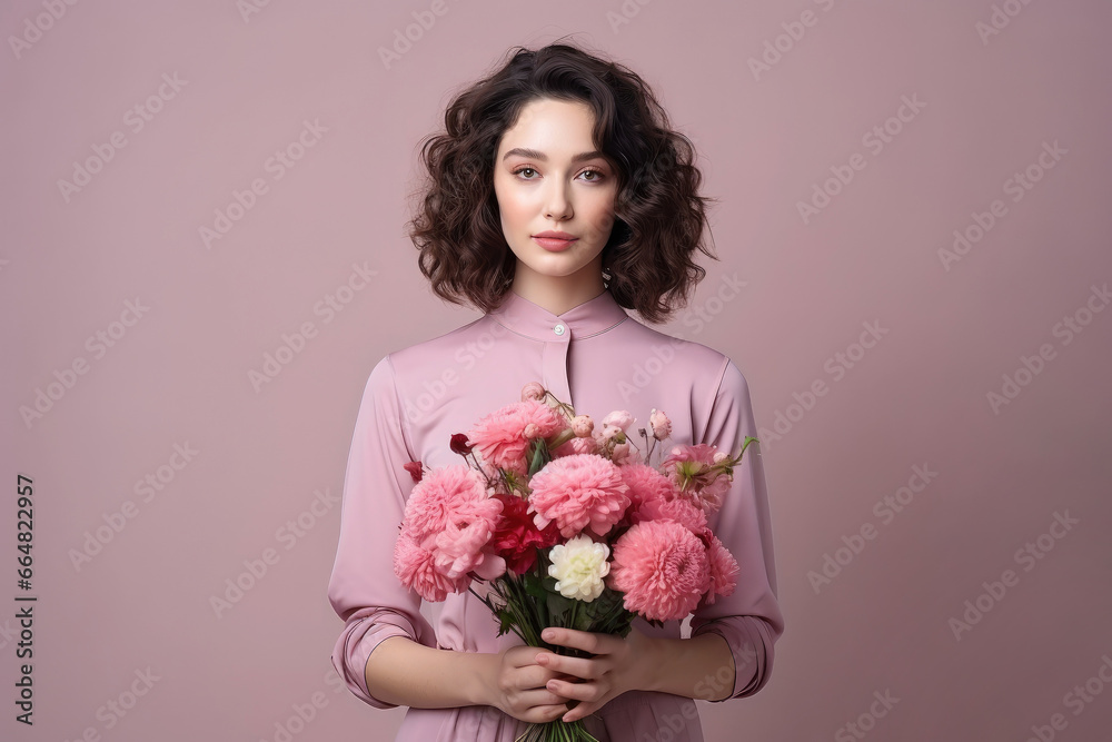 Studio Portrait Of A Woman In Pink Clothes Holding flowers Studio Portrait Of A Woman In Pink Clothes Holding flowers