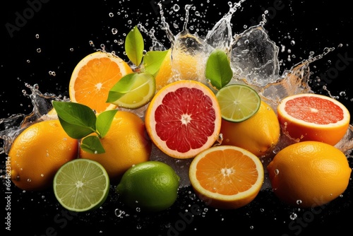 Fresh ripe flowing citrus fruit halfed and cut  healthy food concept . Generative Ai.