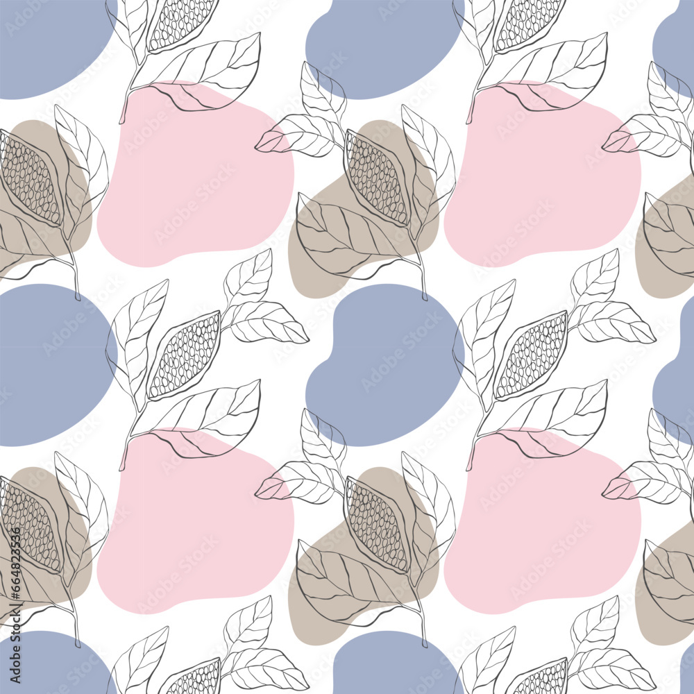 Contour cocoa or coffee branch with abstract shapes in pink and blue, seamless pattern. Contour cocoa or coffee branch with abstract shapes in pink and blue, seamless pattern.