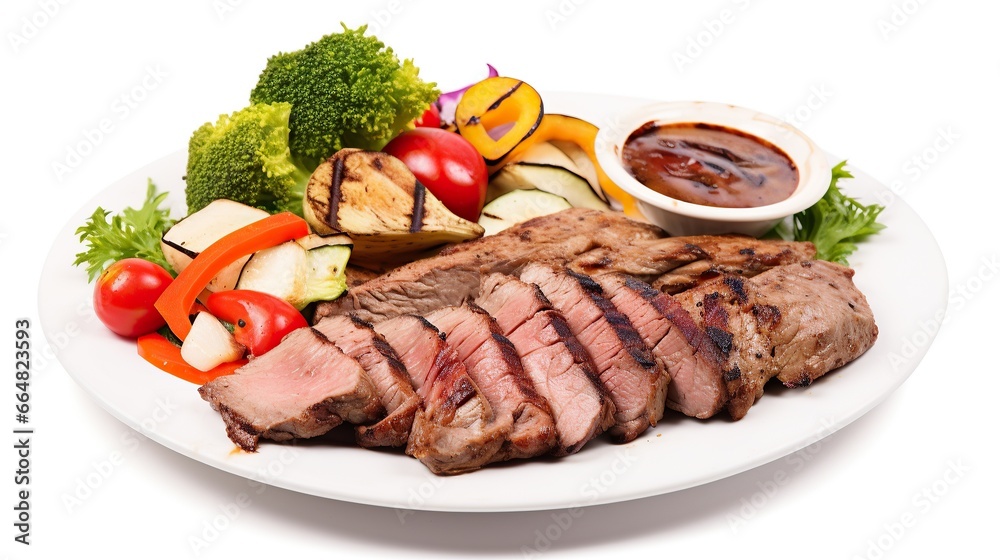 Grilled meat with vegetable salad plated on white background . Generative AI