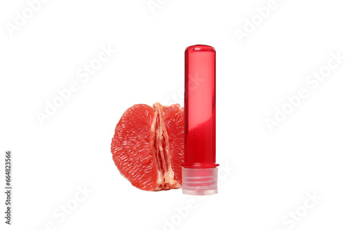 PNG, jar of lubricant with grapefruit and sex toys, isolated on white background.