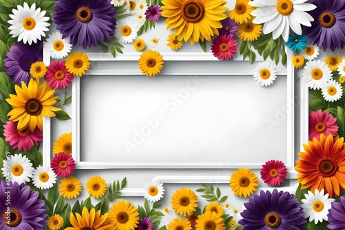 white empty frame and colorful various flowers for spring season