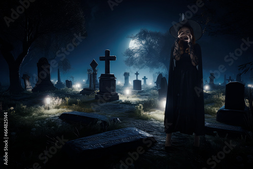Scary halloween witch standing over graveyard with tombstones at night, Halloween mystery concept