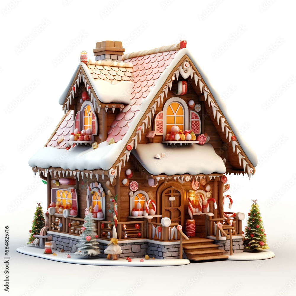 wood house with christmas lights and candies style 3D render, isolated on a solid white background. generative AI