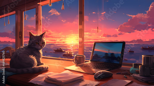 cat sitting on a desk with a laptop by large window with sunset view lofi anime cartoon relaxing style photo