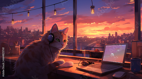 a cat wearing a headphone playing with a computer on a desk with sunset view from large window lofi anime style