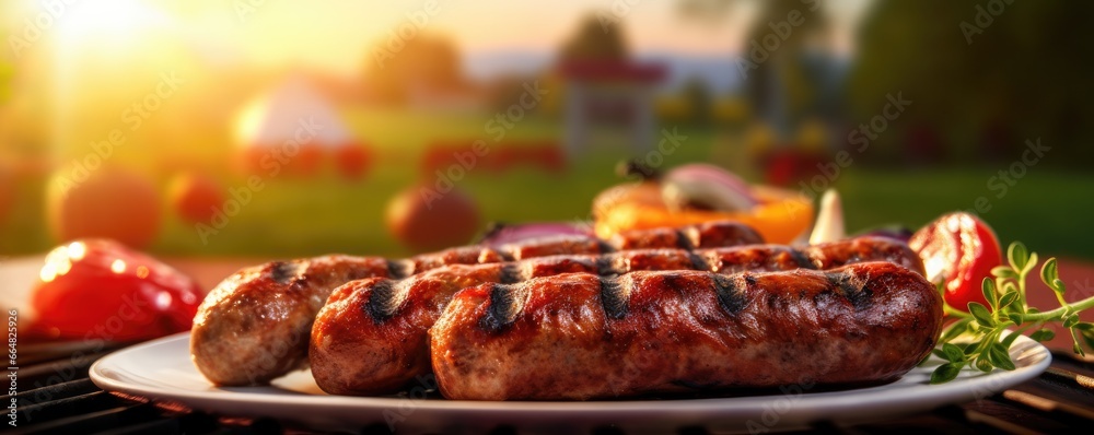 Fresh grilled sausage, vegetables, cheese and steak on outdoor home grill, panorama. Generative Ai. - obrazy, fototapety, plakaty 