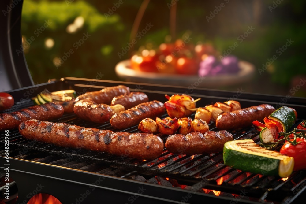 Fresh grilled sausage, vegetables, cheese and steak on outdoor home grill. Generative Ai. Fresh grilled sausage, vegetables, cheese and steak on outdoor home grill. Generative Ai.