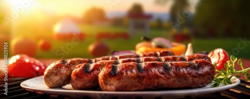 Fresh grilled sausage, vegetables, cheese and steak on outdoor home grill, panorama. Generative Ai.