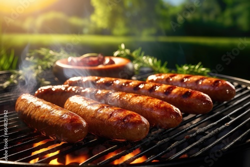 Fresh grilled sausage, vegetables, cheese and steak on outdoor home grill. Generative Ai.