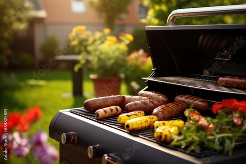 Fresh grilled sausage, vegetables, cheese and steak on outdoor home grill. Generative Ai.