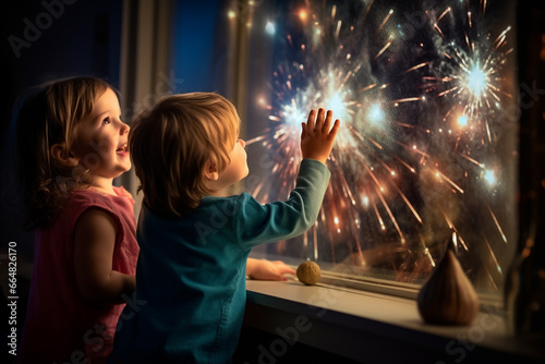 happy children in room looking to outside fireworks AI generative.