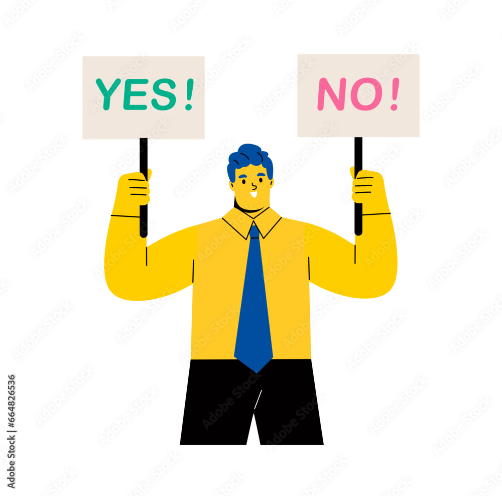 Business man holding a signs with yes and no. Concept of need to make decisions. Flat vector illustration isolated on white background